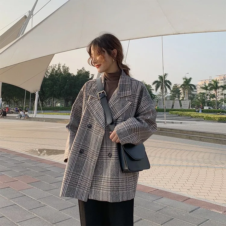 Lattice Woolen tops Suit collar coat Autumn New 4XL Double-breasted elegant Womens coats Large size Youth clothing trend