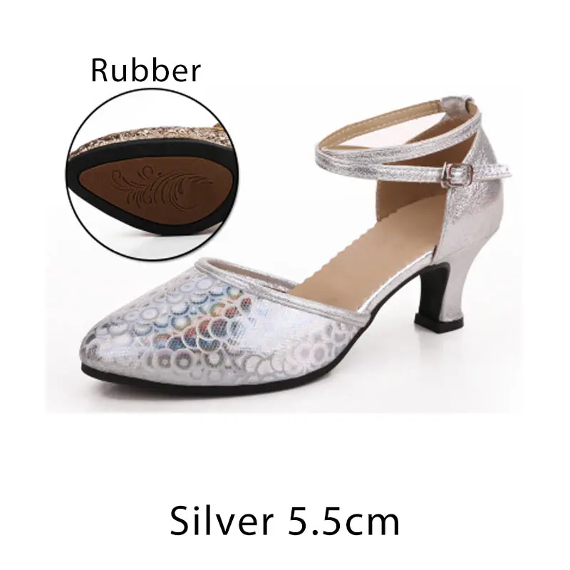 Silver 5.5cm heel Новое поступление, женская танцевальная обувь для латинских танцев, танго, сальсы, мягкая резиновая подошва, женские Бальные Танцевальные Туфли, закрытый носок, размер 34-41, каблук 6 см - Цвет: Silver 5.5cm heel