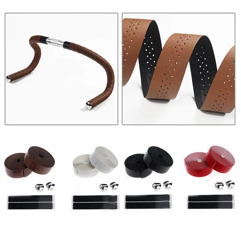 Bike Handlebar Tape Bicycle Accessories Bike Handlebar Plugs 2 rolls Retro bicycle Road Bike Sports Cork Handlebar Tape PU Leather Perforated Belt + 2 Bar plug holes Fixed Gear Belt