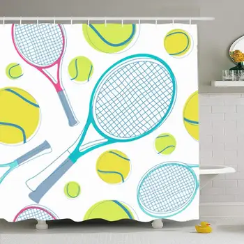 

Shower Curtain Set with Hooks 66x72 Design Play Detail Sport Tennis Fun Color Textile Pattern Shot Smash Set Single Sports