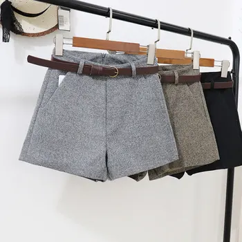 

Autumn Winter Formal Shorts Women Korean High Waist Thick With Sashes Wide Leg Shorts Female Gray Black Green Casual Bottom