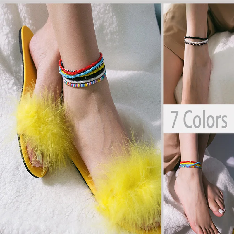 

hot selling European and American fashion beach style colorful beaded anklets Bohemian style beach elastic rope anklets beach