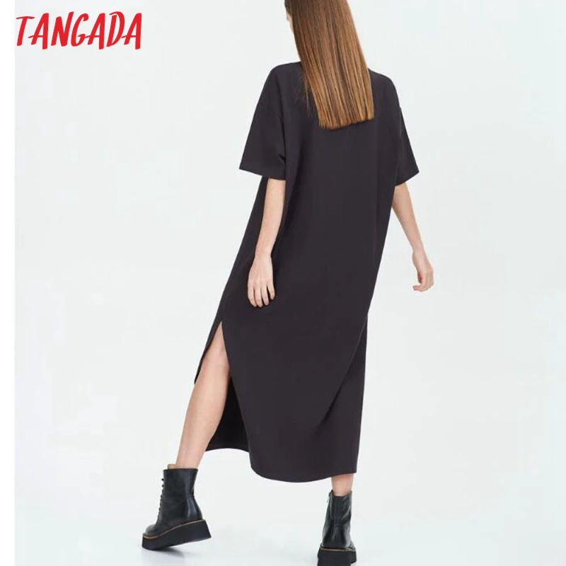 Tangada 2021 Women Elegant 95% Cotton Sweatshirt Dress Oversized Short Sleeve Side Open Ladies Midi Dress 6L60