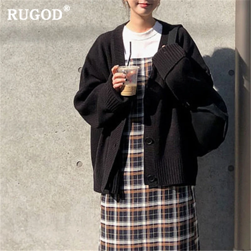 RUGOD корейский шикарный вязаный женский кардиган Винтаж однобортный вязаный свободный свитер-пальто мода осень трикотаж