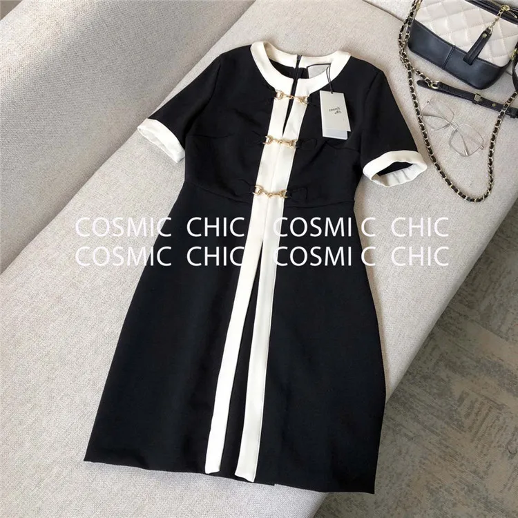 Cosmicchic, высокое качество, модное, элегантное, круглый вырез, черный, белый цвет, контрастная строчка, короткий рукав, платье для офиса