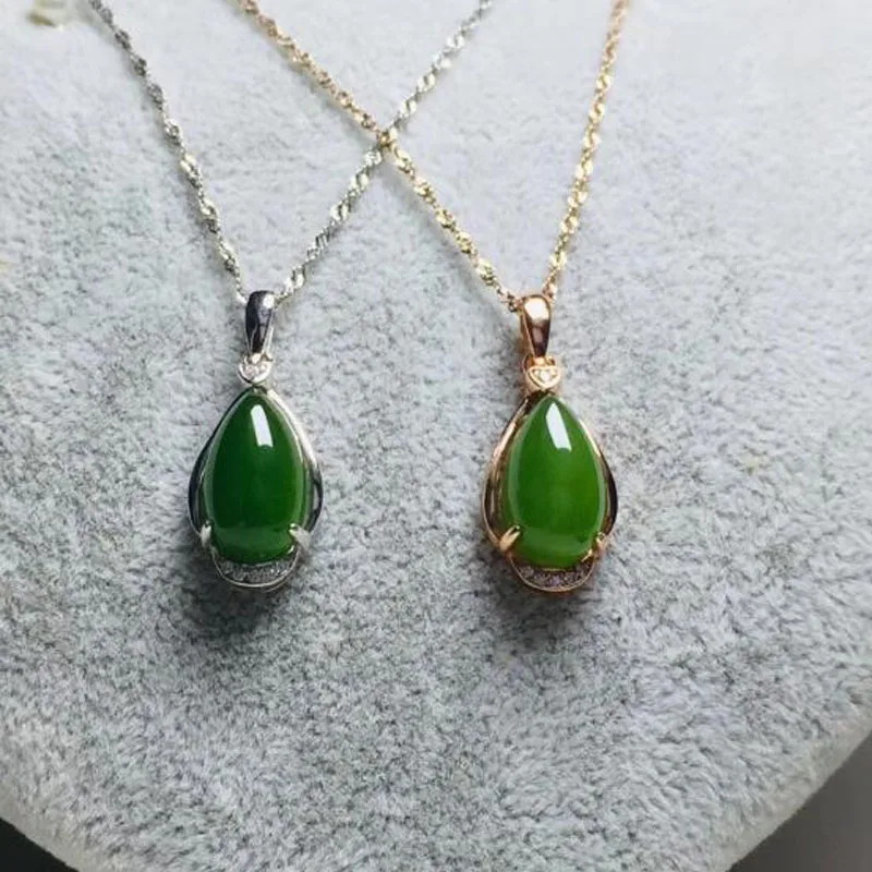 Natural 925 Sterling Silver Hetian Jasper Water Drop Silver Chain Pendant For Womens Charms Jewelry Christmas Gift