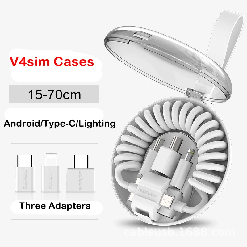 All-in-one portable spring data cable with Type-c Android Lighting Adapter Storage Box