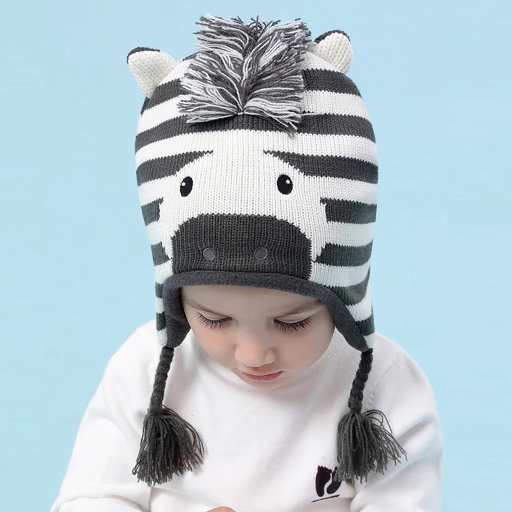 

Earflap Hat Boy Girl Kid Winter Fleece Beanie Warm Autumn Zebra Animal Outdoor Skiing Accessory For Baby
