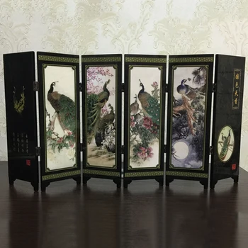 

Mini Room Divider Folding Screen 6 Panel Peacock Printed Canvas Tabletop Wooden Chinese Art Home Decoration Gift Wedding Decor