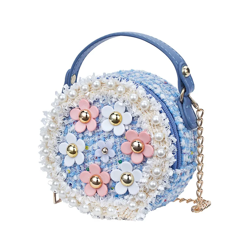 Toddler Kids Mini Chain Round Pearl Bag Baby Girls Pink Tweed Crossbody Bag Fashion Wool Flower Handbags for Teens PU Tote Purse (2)