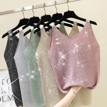 Женщины без рукавов Sequin Cami Tank Top Knit Полосатый свободный крой летний топ рубашка-OPK