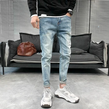 

High Quality Light Blue Men Jeans Spring 2020 All Match Slim Fit Stretched Denim Jeans Men Streetwear Hip Hop Jeans Trousers Men