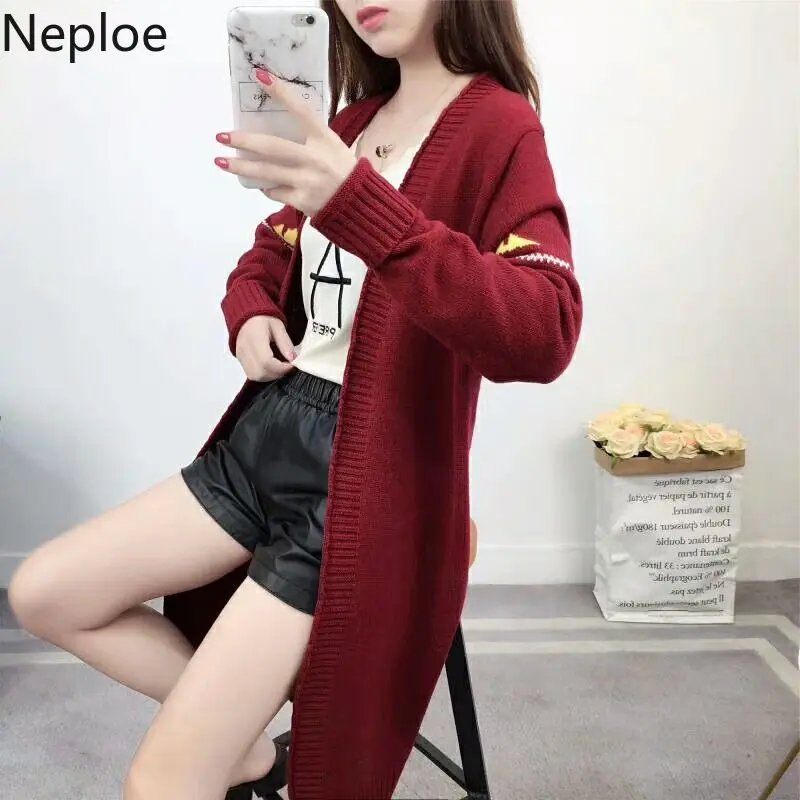 Neploe, корейский консервативный стиль, свободные вязаные кардиганы для женщин, v-образный вырез, Мультяшные узоры, длинный свитер, Осень-зима 45526