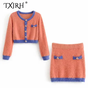 

TXJRH 2019 Sweet Korea Contrast Color Mohair Fluffy Cardigan Sweater Single-breasted Top Pocket Mini A-Line Skirt 2 Pieces Sets