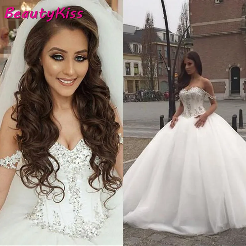 

Bling Ball Gown Wedding Dresses 2020 Luxury Arabic Off Shoulder Beaded Wedding Dress Puffy Tulle Wedding Gowns Plus Size