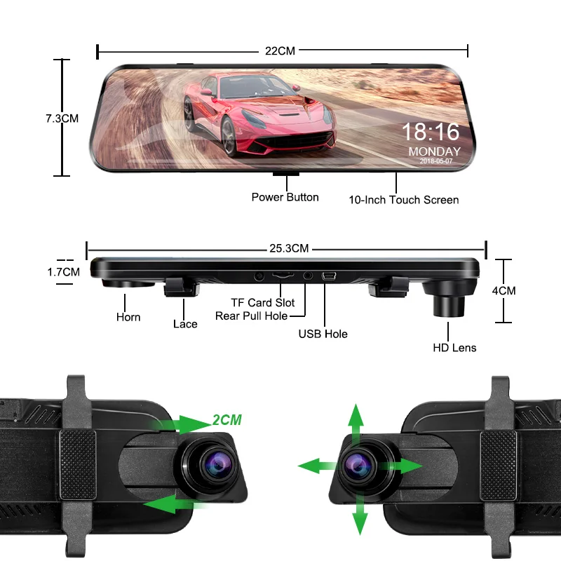  E-ACE Car Dvr Camera 10 Inch Streaming RearView Mirror Dash Cam FHD 1080P Auto Registrar Video Reco