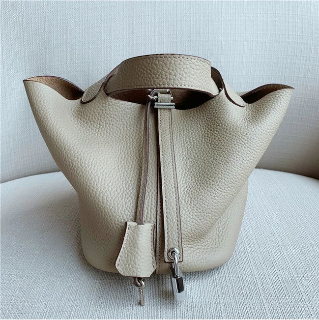 Брендовая сумка из натуральной воловьей кожи, женская сумка-ведро, большой замок, дизайнерская Высококачественная сумка-тоут на плечо, Прямая, Ins - Цвет: Elephant gray origin