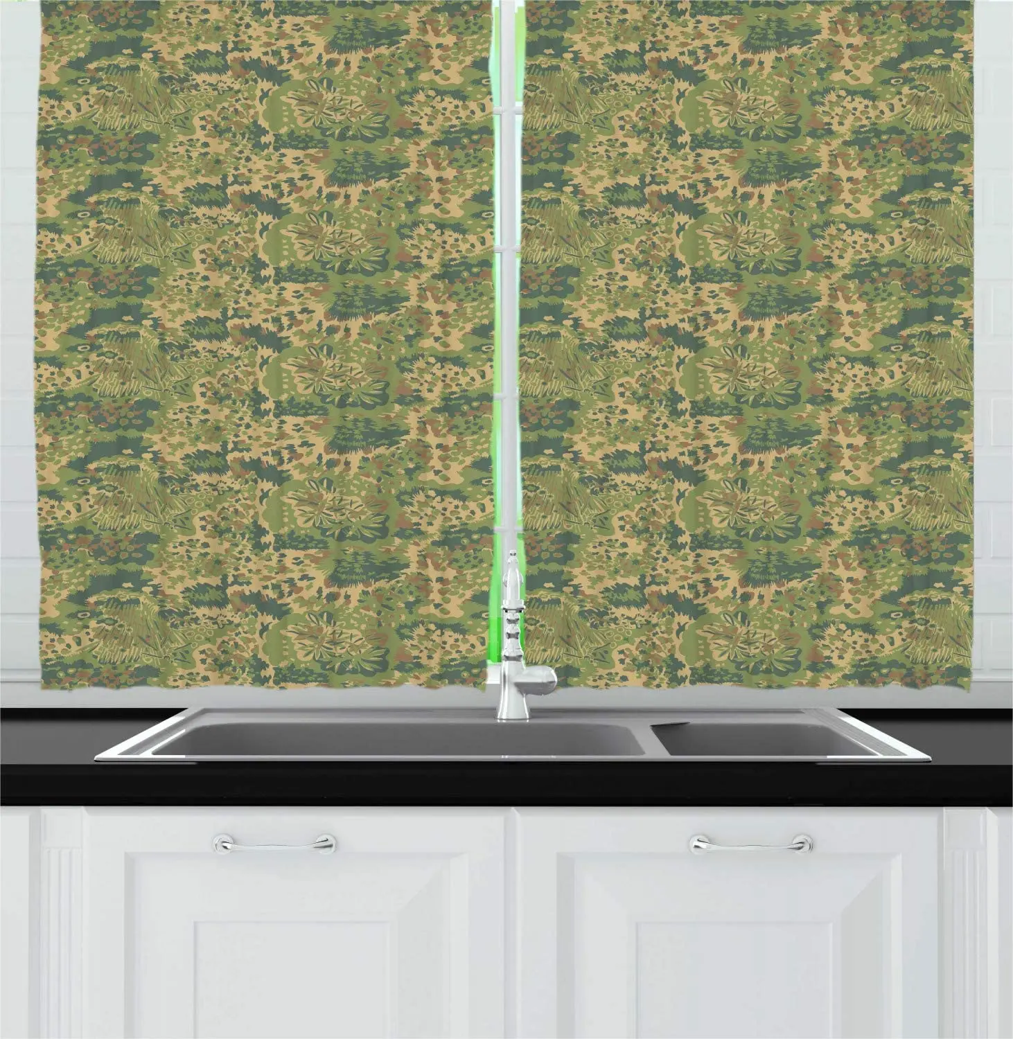 Olive Green Almond Abstract Kitchen Curtains Surreal Design Pastel Toned Camouflage Inspired Forms Shapes Print Window Drapes | Дом и сад