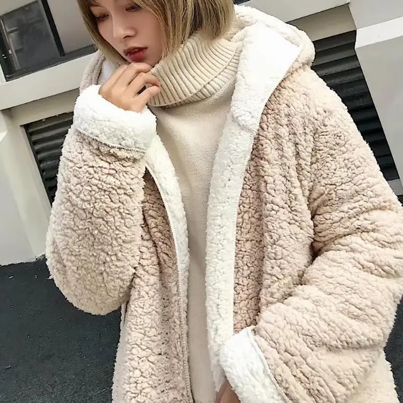 Женские пальто зима Двустороннее пальто плюшевые пальто Теплый кардиган длинное пальто элегантная Корейская куртка толстое пальто с капюшоном