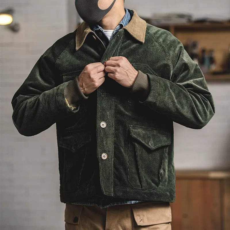 

Winter High Quality Men Warm Padded Corduroy Jacket Safari Designer Vintage Multi Pockets Coat Single Breasted Jacket Overcoat