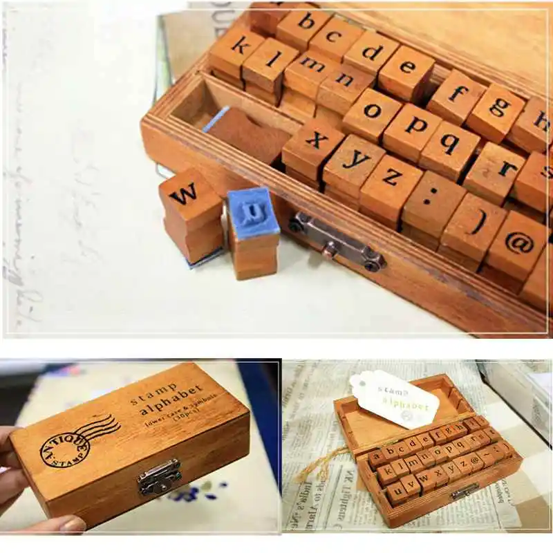 

Fashion Retro 30pcs Wooden Rubber Alphabet Letters Lower Case Number Seal Stamps Set Hot Sale