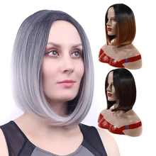 Best Offers LIHUI Brown bob wig wig head split short wig head black gradient grey ladies head Split hair style in middle No bangs Best Offers LIHUI Brown bob wig wig head split short wig head black gradient grey ladies head Split hair style in middle No bangs