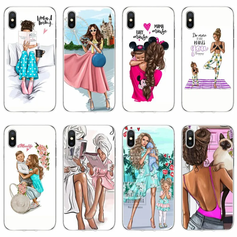 Fashion Black Brown Hair Baby Mom Girl Cover Soft Silicone Phone Case For iPhone 5 5C 5S SE 6 6plus 7 7plus 8 8plus X XR XS Max | Мобильные