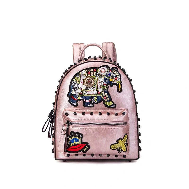 Мини-рюкзак с вышивкой слона и двойным наплечным ремнем со стразами модная