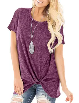

Women's Loose Casual Knot Tops Tunic Solid Color Short Sleeve T Shirts Cashmere Polyester