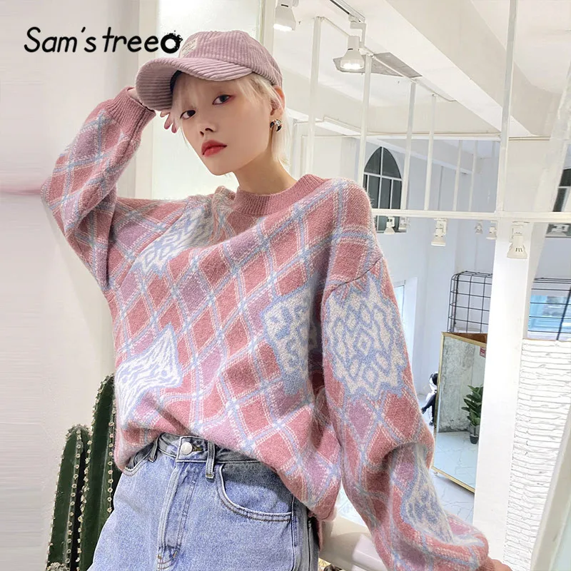 Ceny SAM S TREE Pink Argyle Colorblock dzianinowy sweter Casual Women swetry 2020 Winter Blue latarnia rękaw koreański miękkie bluzki damskie