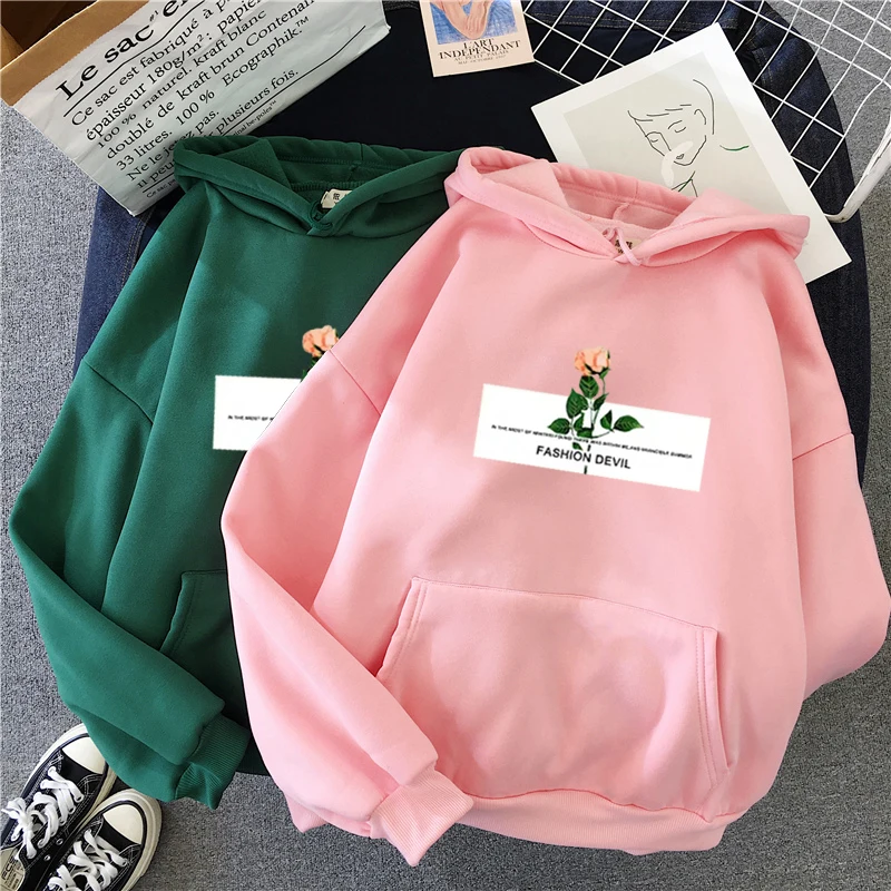 Kawaii Graphics Hoodies Women Harajuku Pocket Sweatshirt Rose Flower Design Casual Vintage Oversized Hoody Hip Hop Streetwear