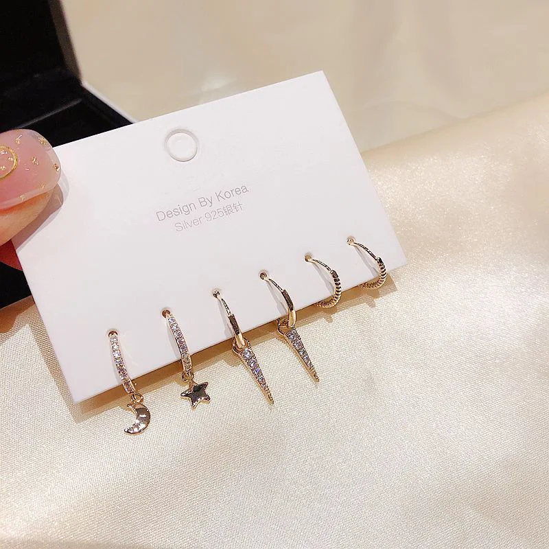 

BESTONEDAY Personality Star Moon Geometric Earrings Silver Color Cubic Zircon Jewelry For Women 6-piece Set