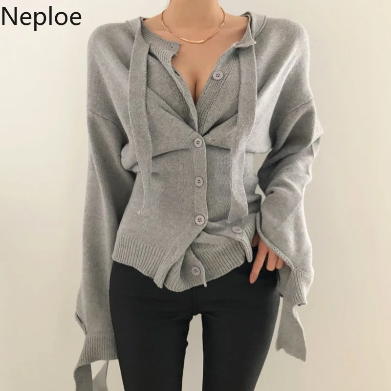 

Neploe Autumn Irregular Single-breasted Knitted Cardigan Long Sleeve Torn Waist Slim Sweater Korean Elegant Women Knitwear 54216