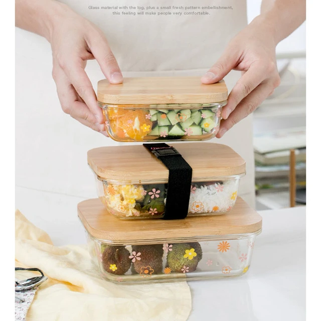 Household Glass Lunch Box Bamboo Wood Cover Fresh Bowl Storage Box Portable  Microwave Students Picnic Bento Food Container - AliExpress