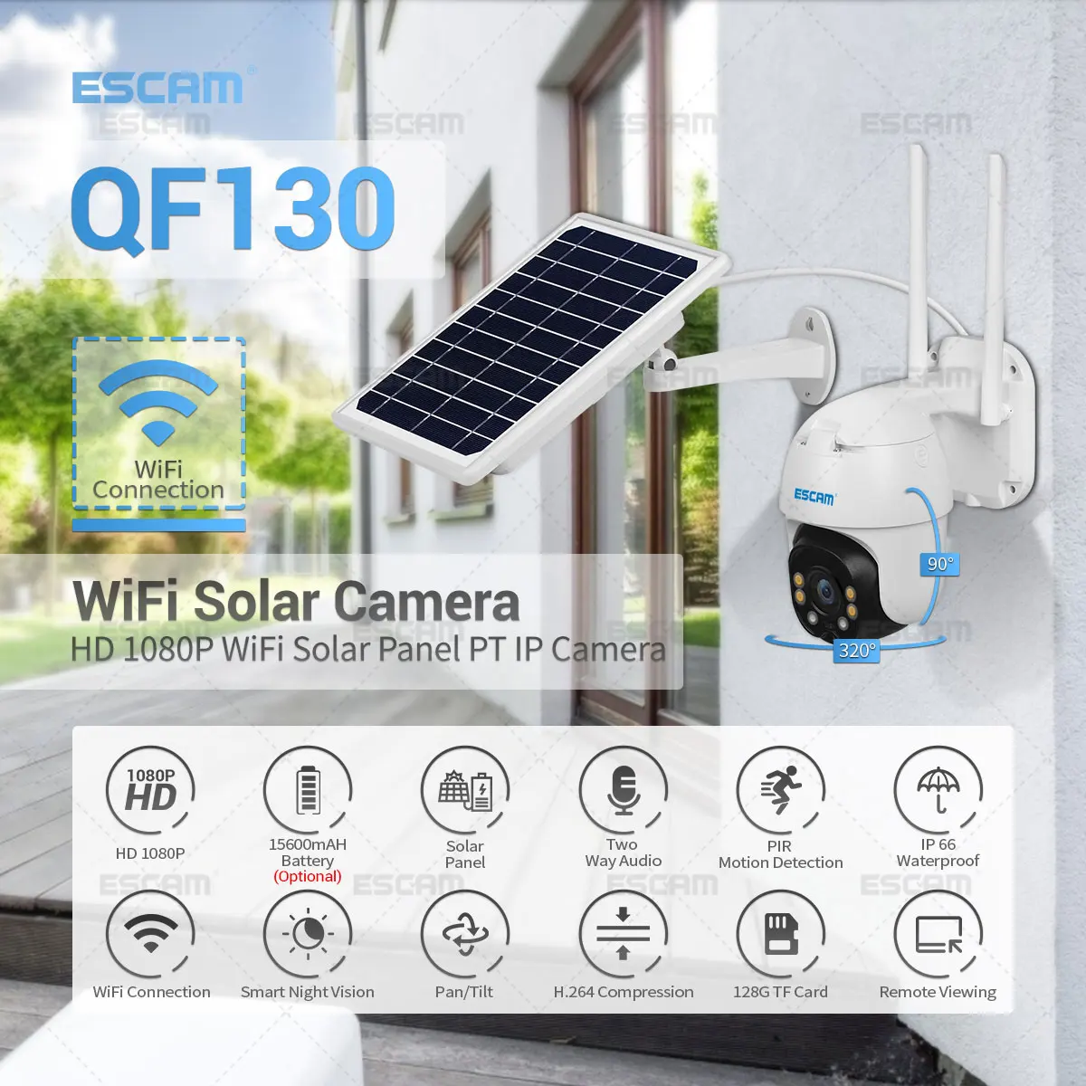 ESCAM QF130 1080P PIR Alarm Wifi IP Camera with Solar Panel Full Color Night Vision Two Way Audio IP66  Outdoor Solar Camera
