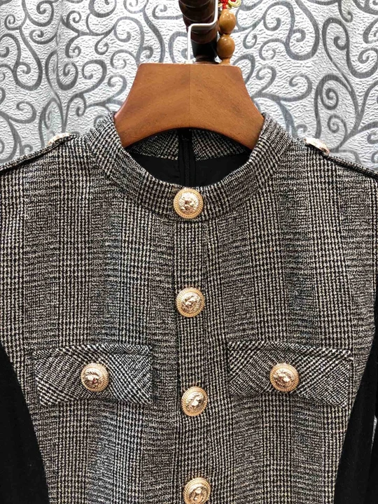 new women's autumn and winter woolen dress stitching sleeve decorative buttons 1014