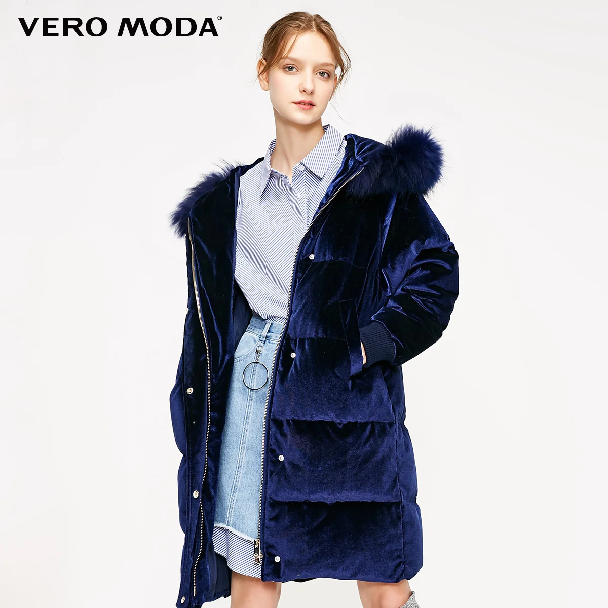 Vero Moda женский 80% белый утиный пух енота меховой воротник съемный пуховик парка пальто | 318412502 - Цвет: Frosty blue