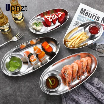 

Stainless Steel Compartment Snack Plate Oval Sushi Shrimp Dumpling Sauce Dish Barbecue Snack Seasoning Dish
