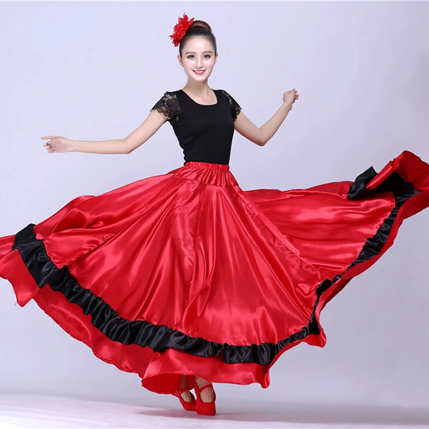 Women Flamenco Skirt Polyester Satin Carnival Party Ballroom Belly Dance Costumes Dress