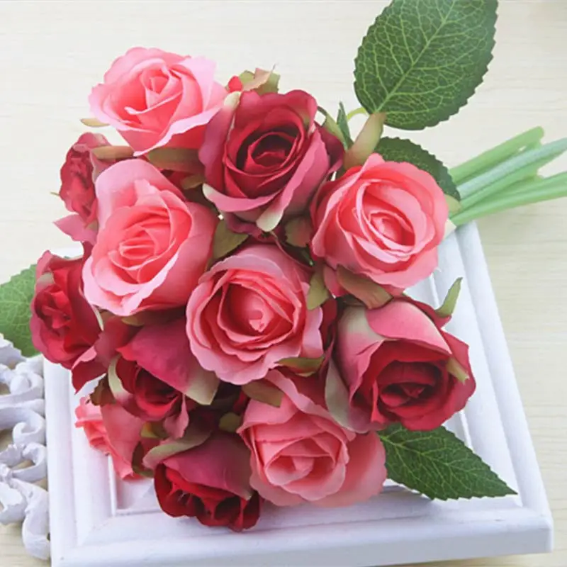 Домашние шелковые цветы невесты букеты Искусственные для свадьбы букет розы 1 букет 12 головок декоративные вечерние украшения - Цвет: Розово-красный
