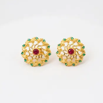 

CMAJOR 925 Sterling Silver Vintage Fabric Pattern Flower Filigree CZ Accented Gold Tone Handmade Earrings for Women