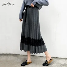 Autumn Women Elasticity High Waist Long Pleated Skirt Female Clothing Fashion Patchwork Sashes saias midi para as mulheres