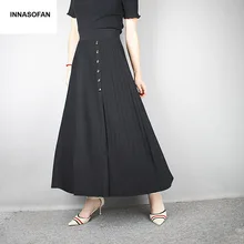 INNASOFAN, теплая трикотажная женская юбка, Осень-зима, длинная юбка, высокая талия, модная, высокая, шикарная, плиссированная, на пуговицах, юбка