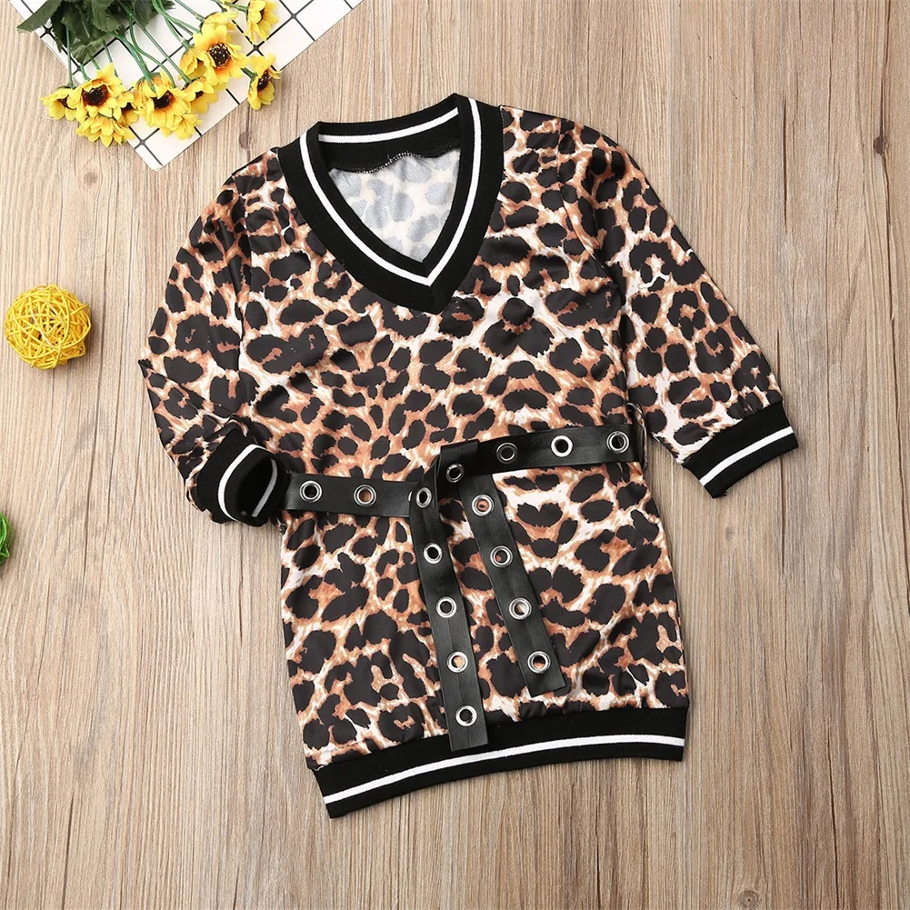 Одежда для новорожденных и маленьких девочек, длинная леопардовая блузка, коричневая рубашка, топы с поясом, комплект