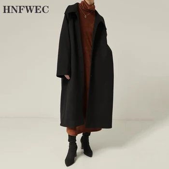 

Loose Fit Black Brief Big Size Long Woolen Coat Parkas New Long Sleeve Women Fashion Tide Autumn Winter 2020 V556