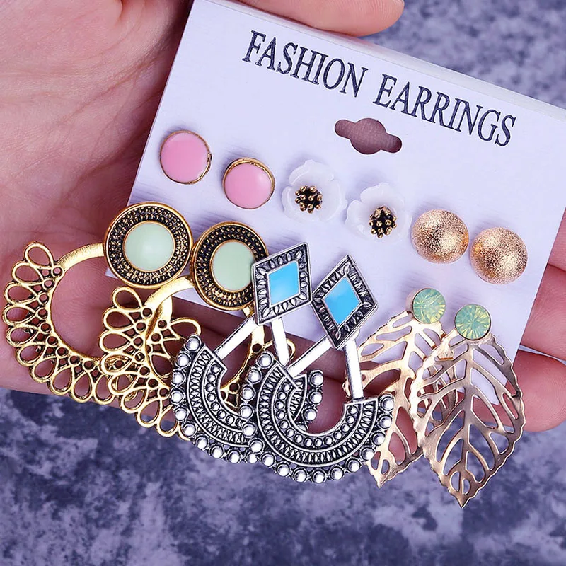 

FAMSHIN Vintage Stud Earrings Set Mixed for Women Bohemian Gold Color Leaf Flower Stone Statement Hang Brincos Jewelry 2019 NEW