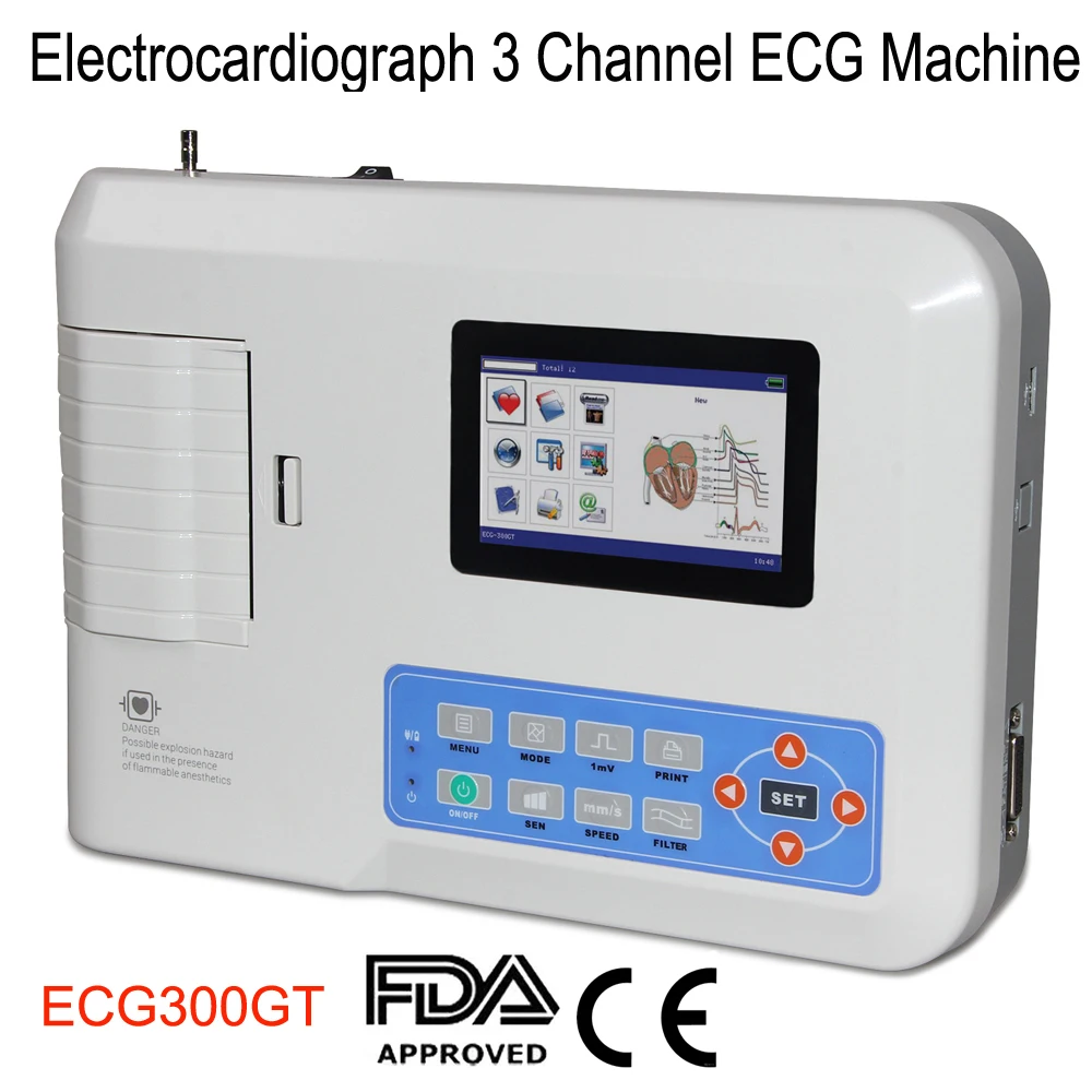 

ECG300GT 4.3" Touch Screen ECG Machine Digital 3 Channel 12 Lead EKG Monitor Handheld Elektrokardiograph Multi-language CE FDA