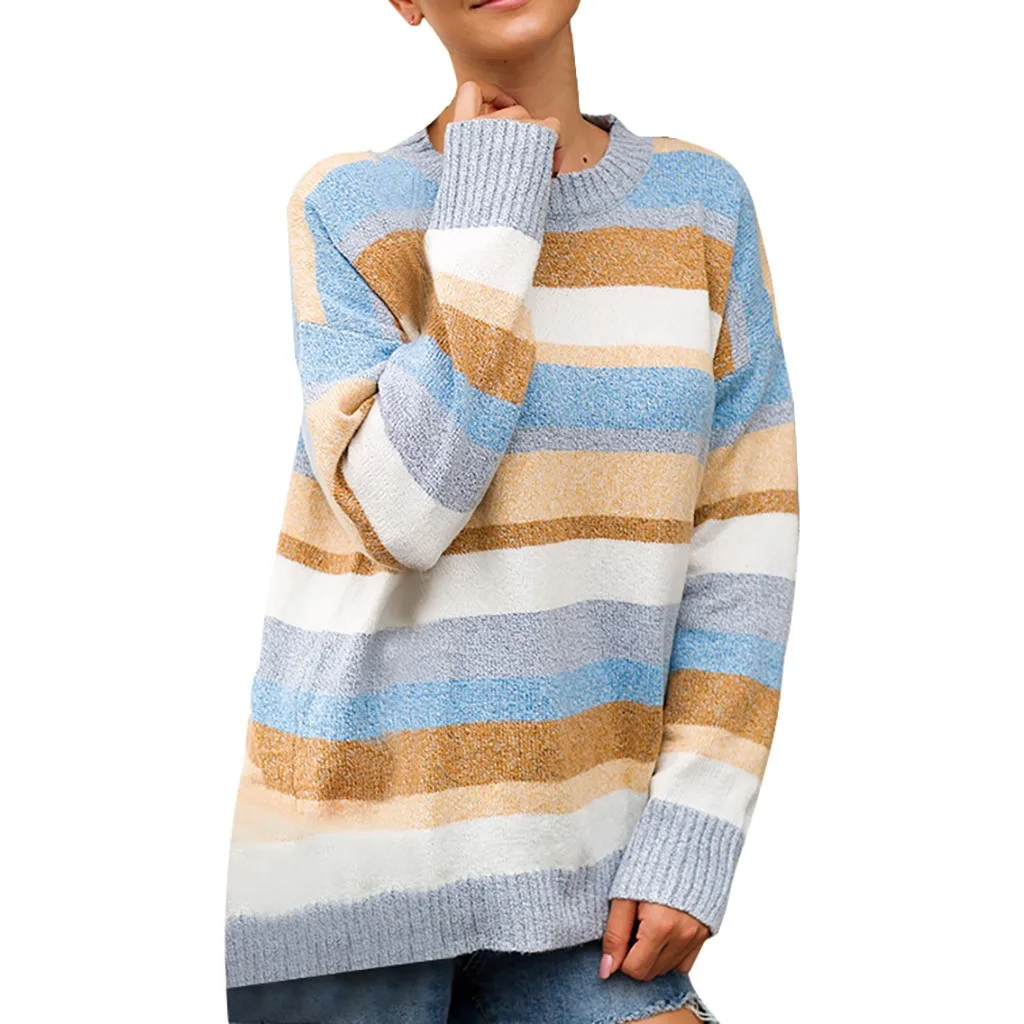 SAGACE женский свитер в полоску с круглым вырезом, вязаный свитер, высокое качество, женский свитер с длинным рукавом в стиле пэчворк - Цвет: Синий