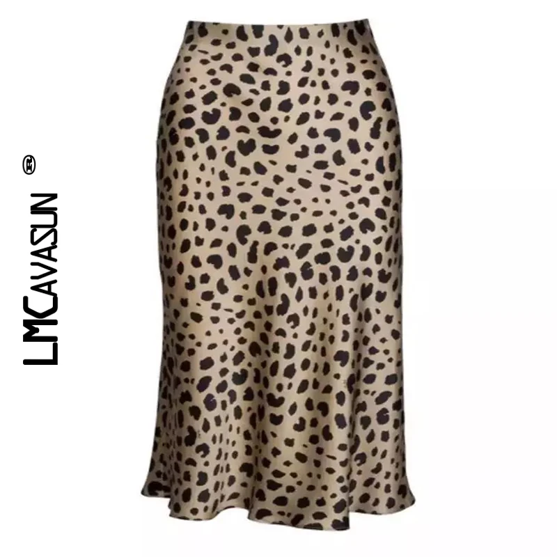 

LMCAVASUN Hot sale High waist leopard mid-length skirt female Concealed elastic waistband silk satin skirt Leopard print skirt