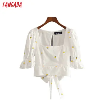 

Tangada women floral emeboridery cotton shirts backless bow for summer female high street tops blouses 3H467